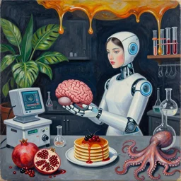 dark kitchen of an art student, portrait of a surgical robot holding a brain, feminine, organic, japanese pottery, digital medical equipment, tropical houseplants, test tubes, honey dripping from ceiling, berries dripping juice, pancakes, pomegranate, berries, octopus, scientific glassware, neoexpressionism, surrealism, acrylic and spray paint and oilstick on canvas