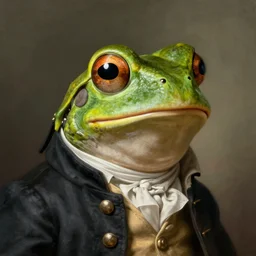 a head and shoulders portrait of an anthropomorphic frog!!!!!!!!!!!!!!!!!!!! wearing a colonial outfit looking off camera, a character portrait by john trumbull, american romanticism, soft focus