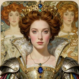 realistic detailed face portrait of a beautiful futuristic italian renaissance queen in opulent alien armored gown by alphonse mucha, ayami kojima, amano, greg hildebrandt, and mark brooks, female, feminine, art nouveau, ornate italian renaissance cyberpunk, iridescent venetian blown glass, neo - gothic, gothic, character concept design