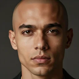 a confidend bald brazilian man, close up