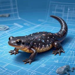 hill salamander, in the style of Greg Broadmore and Arthur Rackham,trending on artstation, light lighting side view,digital art,surrealism ,macro,blueprint ,vaporwave ,