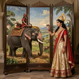 A young Indian woman Maharajah, with her elephant, loading screen art from the video game 'Europa Universalis 4'