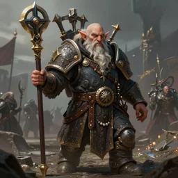 a detailed portrait of a dwarf warpriest on epic battlefield, pathfinder portrait, dndart, fantasy portrait, dwarf portrait, dwarf render, 4 k, hires, deviantart, grimdark, beautifully detailed, art by jack davis and lucian freud
