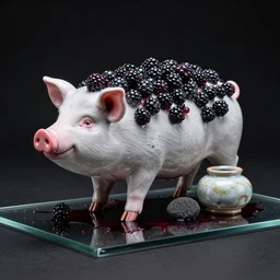 a pig with a mount full of blackberries sculpture, glass blackberries, obsidian and and pumice and japanese glazed pottery, mounted on a glass platform, berry juice splashed, black background, zen,