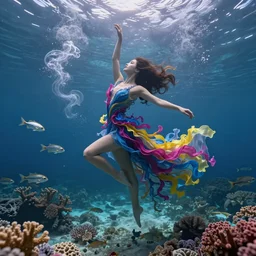 masterpiece artwork of beautiful geni morrow woman dancing underwater wearing a flowing dress made of blue, magenta, and yellow seaweed, delicate coral sea bottom, swirling silver fish, swirling smoke shapes, octane render, caustics lighting from above, cinematic, hyperdetailed
