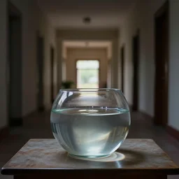 an empty fish bowl on a table in a long hallway, liminal