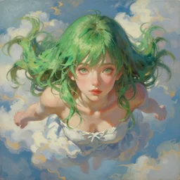 painting by krenz cushart!!, portrait of a beautiful girl with green hair, floating in the clouds, finely detailed features, intricate brush strokes, beautiful lighting, trending on pixiv fanbox.