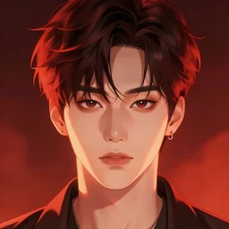 jungkook jeon as a vampire. semi realism, anime realism, korean symmetrical face, slim face, appealing, bright eyes, slightly larger nose, photorealism, korean, korean uhd, amazing depth, glowing, golden ratio, sakimichan, greg rutowski, volumetric lighting, cinematic lighting, red orange lighting, artstation concept art