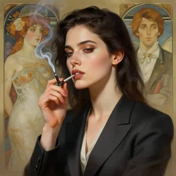 woman with dark hair, smoking, wearing a suit highly detailed, digital painting, artstation, concept art, smooth, sharp focus, illustration, art by krenz cushart and artem demura and alphonse mucha and tony sandoval