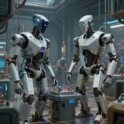 a cyberpunk sci-fi factory where they make robots for the military, art, high detail, high definition, 8k,