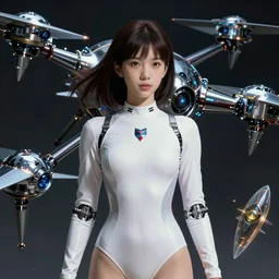 beautiful girl fantasy portrait, wearing white leotard, futuristic chrome drones, ultra realistic, robot, dramatic lighting, the fifth element artifacts, highly detailed by boris vallejo, studio ghibli