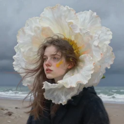 closeup, giant flower head, girl on the beach, surreal photography, wind and cold, dramatic sky, impressionist painting, digital painting, artstation, simon stalenhag