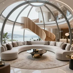 A futuristic living room in a glass dome with a curved wooden staircase in the back, U-shape sofa and a luxurious table in the center, professional interior design photograph, wide angle photograph, 8k resolution, hyper detailed