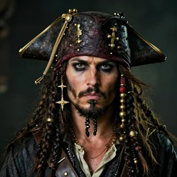 realistic portrait of a pirate, dark, gold ornaments, facing camera, photo realistic, detailed, 1 4 5 0, delicate, hyper realism, ultra realistic, 8 k
