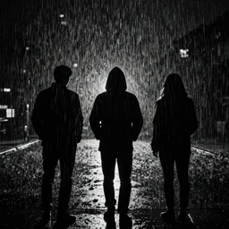 pinhole photo of a night, silhouettes, threes, rain, reflection, double exposure, high contrast