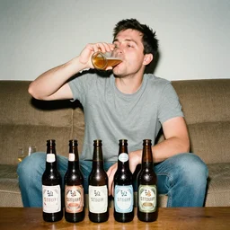 a guy sitting on the sofa drinking many beers , Neat Stuff