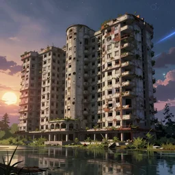 a beautiful photorealistic anime illustration of hotel abandoned urbex architecture nature industrial architecture building by robert venturi, vice city poppy lake bioshock retrowave at dusk lightpaint cosmic steampunk cgsociety morning sun nightsky at night, archdaily, wallpaper, highly detailed, trending on artstation.