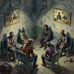 zombies waiting in a waiting room, eerie, liminal, isometric, by craig mullins, by mattias adolfsson, by jc leyendecker, oil on canvas,