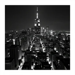 cyberpunk city at night, black and white, concept art