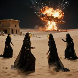 bene gesserit women in full - face golden glowing masks fights with black harkonnens near the abandoned buildings under the sand in night arrakis desert, alien spaceship exploding, film still from the movie by alejandro jodorowsky with cinematogrophy of christopher doyle and art direction by hans giger, anamorphic lens, kodakchrome, very detailed photo, 8 k,
