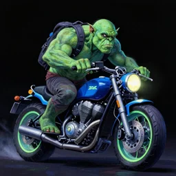 psychedelic blacklight airbrush artwork, hyper stylized action shot of a menacing orc riding a motorcycle, clear focused details, soft airbrushed artwork, black background, cgsociety, artstation