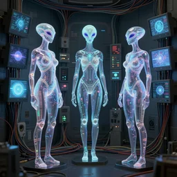Ladies in holograms of alien artifacts, wiring and cables all over the walls with plasma monitors, total recall tech, , ultrarealistic, dramatic lighting, electrical details, high details, 4k, 8k, best, accurate, fine detail, microscopic detail, trending on artstation, artstation, photorealism, ultrarealistic, digital painting, style of Peter Mohrbacher, Caravaggio, Boris Vallejo