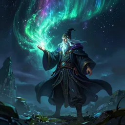 A wizard casting a spell creating a beautiful auroa of light. 4K HD Wallpaper. Premium Prints Available