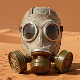 a giant gas mask in the desert, gas mask made of stone, surrealist art, by zdzisław beksinski, intricate details, orange color scheme, trending on artstationhq