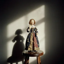 Hildegard Von Bingen ventriloquist dummy on a stool, 35mm film