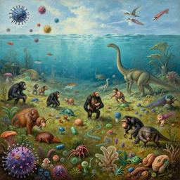 all of evolution as a striking detailed painting, landscape with sky and water and land and space and underwater, viruses, humans, bacteria, invertebrates, chimpanzee, neanderthal, dinosaurs, reptiles, fish, mammals, corals, fungi, bacteria, viruses, animals, plants, flagellates, arachnids, snails, squid, birds