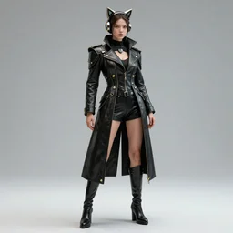 haute couture, clothing setting for future female warrior, model standing pose, futurism, vest, leather coat, shorts, boots, electronic cat ears, cyberpunk style, black and gold, render by octane and blender, hyper realistic, hyper detailed