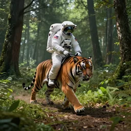 american astronaut in the forest riding a tiger, plants environment, wide angle, cinematic lighting, atmospheric, ultrarealistic, trending on artstation, cgsociety, highly detailed, color graded, in the style of craig mullins, rendered in Unreal Engine 4k HQ, shadow of the tomb rider