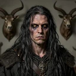 portrait of a 6 0 year old giant man zombie wiking with long tattered tangles of thinning black hair, eerie glowing eyes, wall hanging trophy taxidermy, hyper realistic head, fantasy art, in the style of greg rutkowski, zdizslaw beksinski, intricate, alphonse mucha, hyper detailed, smooth