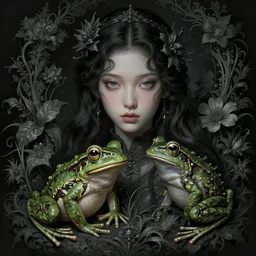 hyperdetailed dark fantasy portrait of princess and the frog with floral plants. by greg rutkowski, highly detailed, digital painting, artstation, smooth, sharp focus illustration, artstation hq. intricate, elegant, 8 k, unreal engine. art by wlop and artgerm and ayami kojima. dan mumford, tomokazu matsuyama, takato yamamoto