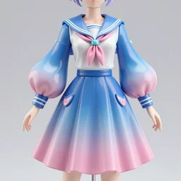designer vinyl figure collection ball shaped accordion sleeve haute couture, sailor uniform, midi skirt, coat, synthetic curves striking pose, dynamic folds, cute pockets, volume flutter, youthful, modeled by modern designer bust, anime stylized, body fit, award fashion, picton blue, petal pink gradient scheme, holographic tones, high details, expert composition, professional retouch, editorial photography