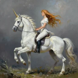 fantasy painting of Simone Simons riding a unicorn