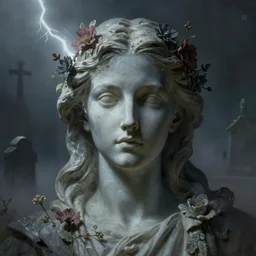 a digital painting of the face of a gothic cemetery statue made of mist and flowers, cinematic lightning, Andrew Ferez, Charlie Bowater, Marco Mazzoni, Seb McKinnon, Ryohei Hase, Alberto Seveso, Kim Keever, trending on cgsociety, featured on zbrush central, new sculpture, mystical