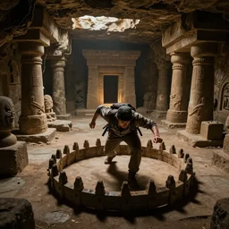 adventurer narrowly escaping a deadly trap, dimly lit underground dungeon, ancient tombs in the background, wide view, depth of field