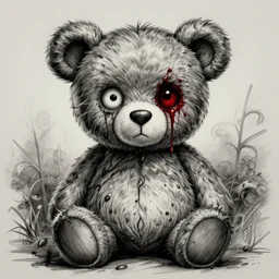 grunge cartoon vector sketch of a teddy bear with bloody eyes by - dr seuss, loony toons style, horror theme, detailed, elegant, intricate