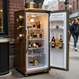 a steampunk mid century retro refrigerator running in the boston marathon