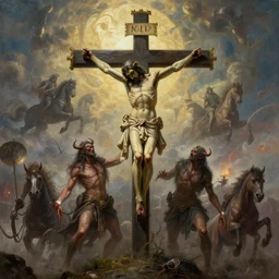realistic photo of the apocalypse, in the center of the image christ crucified and dismembered by demons, in the heavens horsemen of the apocalypse wreak havoc, deep focus, intricate, elegant, highly detailed, digital painting, art station, concept art, matte, sharp focus, illustration, art by artgerm and greg rutkowski and alphonse mucha