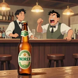 a anthropomorphic bottle of beer stands in front of a bar yelling at the bar tender