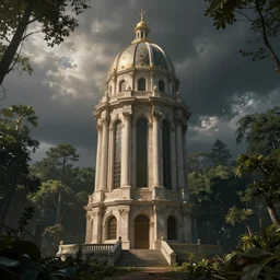 magical and mystical, illustrious makinami, misterious neoclassical tower with dome on a forest, octane render, rembrandt, cgsociety, artstation trending, highly detailded