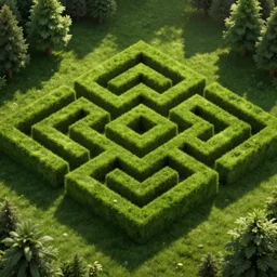 wimmelbilder maze made of lawn, isometric, very sharp