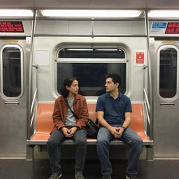 a drawing by Jaime Hernandez, a low angle medium shot of two people sitting in an empty Chicago subway train, in front of windows: a sad Aubrey Plaza wearing a winter coat and a man who looks like a mix of (Louis CK and Philip Seymour Hoffman) in a suit