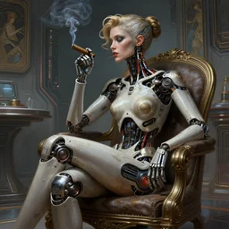 Cyborg woman sitting on a chair in a futuristic room smoking a cigar, intricate, highly detailed, digital painting, artstation, concept art, smooth, sharp focus, illustration, Unreal Engine 5, 8K, art by artgerm and greg rutkowski and alphonse mucha