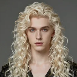 a beautiful hyper real portrait of pretty pale prince Lucius with long fluffy curly platinum gold blond hair, art by rembrandt