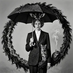photographic portrait max ernst sad woman giraffe feathers, wearing a suit, holding an umbrella and a cat, spiraling tree, cigarette smoke, editorial
