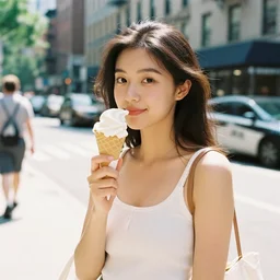 a film photo of a pretty young woman, 26, wearing summer clothes, holding an ice cream cone on a hot summer's day in New York City