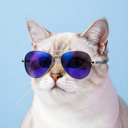 a beautiful photograph of a cat wearing aviator sunglasses, blue and purle studiolighting